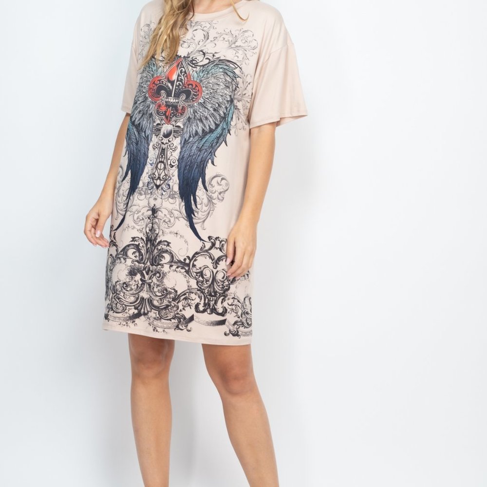 Wings Print t-shirt Dress Taupe - Picture 3 of 3